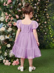SHEIN 小女童泡泡袖前蝴蝶結荷葉邊網紗連衣裙 - 紫丁香色 - 查看 2