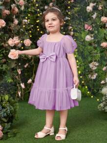 SHEIN 小女童泡泡袖前蝴蝶結荷葉邊網紗連衣裙 - 紫丁香色 - 查看 3