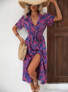 SHEIN LUNE Đầm Maxi Sơ Mi Thắt Lưng In Hoa Trang Phục Nữ - Màu xanh lam - Xem 3