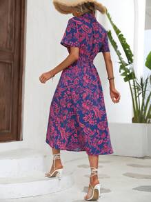 SHEIN LUNE Đầm Maxi Sơ Mi Thắt Lưng In Hoa Trang Phục Nữ - Màu xanh lam - Xem 2