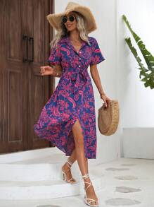 SHEIN LUNE Đầm Maxi Sơ Mi Thắt Lưng In Hoa Trang Phục Nữ - Màu xanh lam - Xem 5