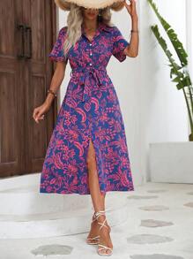 SHEIN LUNE Đầm Maxi Sơ Mi Thắt Lưng In Hoa Trang Phục Nữ - Màu xanh lam - Xem 6