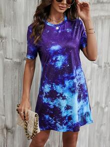 SHEIN LUNE Vestido estilo camiseta con estampado de galaxia - Multicolor - Ver 3