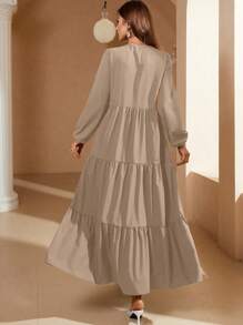 Seusyu Đầm Viên lá sen Thắt nơ trước màu trơn Dễ thương - Màu Khaki - Xem 2