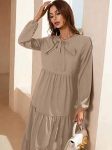 Seusyu Đầm Viên lá sen Thắt nơ trước màu trơn Dễ thương - Màu Khaki - Xem 4