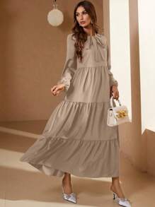 Seusyu Đầm Viên lá sen Thắt nơ trước màu trơn Dễ thương - Màu Khaki - Xem 5
