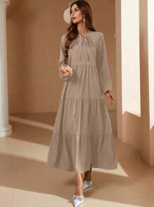 Seusyu Đầm Viên lá sen Thắt nơ trước màu trơn Dễ thương - Màu Khaki - Xem 6