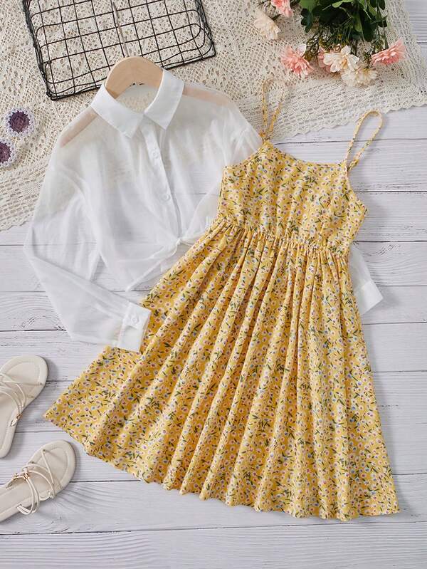 SHEIN Girls Ditsy Floral Print Cami Dress & Drop Shoulder Shirt