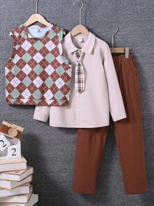 SHEIN 男孩菱形印花背心上衣和襯衫和褲子 - 彩色 - 查看 7