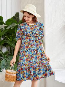 SHEIN 波西米亞小碎花女童連衣裙鈕扣 揉皺 荷葉邊 - 彩色 - 查看 1