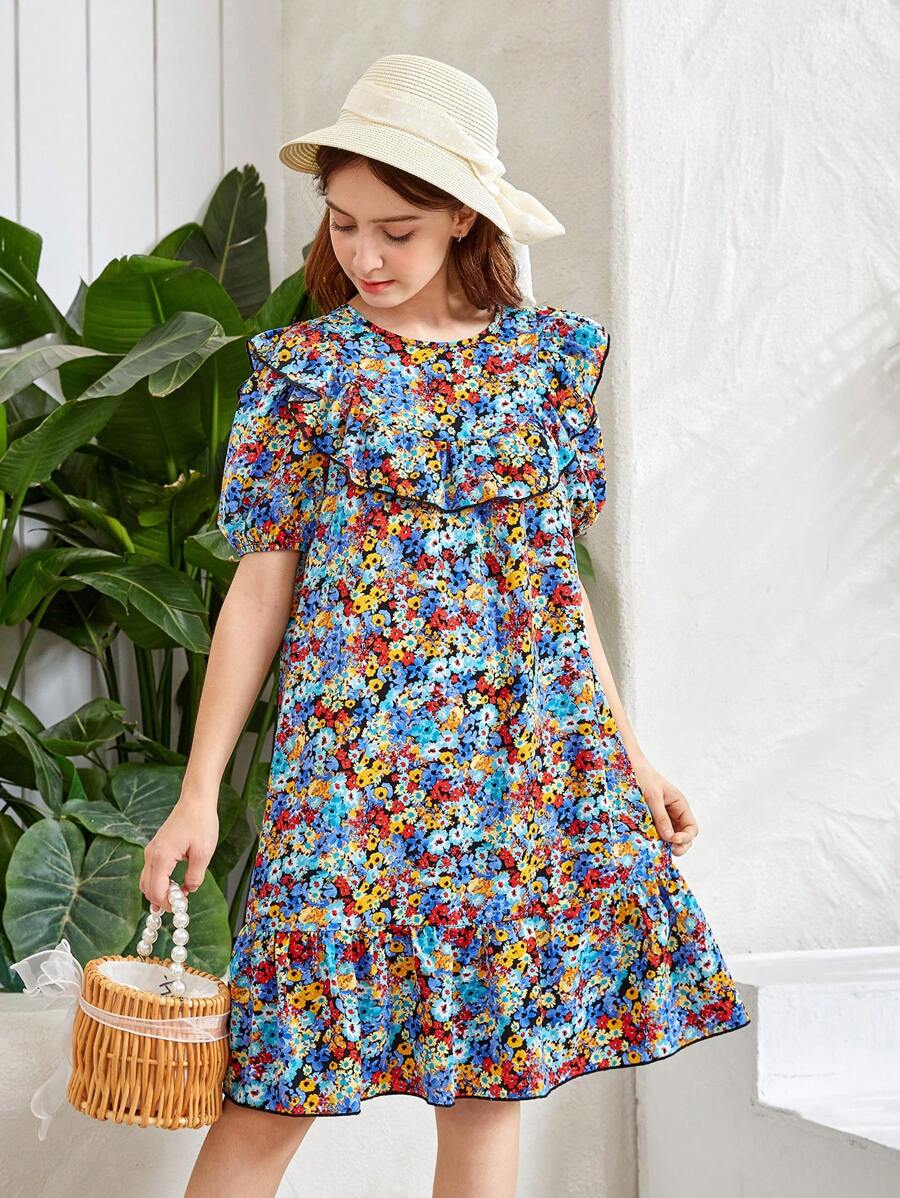 SHEIN 波西米亞小碎花女童連衣裙鈕扣 揉皺 荷葉邊 - 彩色 - 查看 1