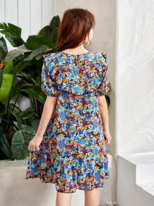 SHEIN 波西米亞小碎花女童連衣裙鈕扣 揉皺 荷葉邊 - 彩色 - 查看 2