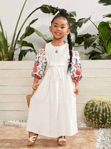 SHEIN 小女童印花挖肩繫腰帶連衣裙 - 白色 - 查看 1