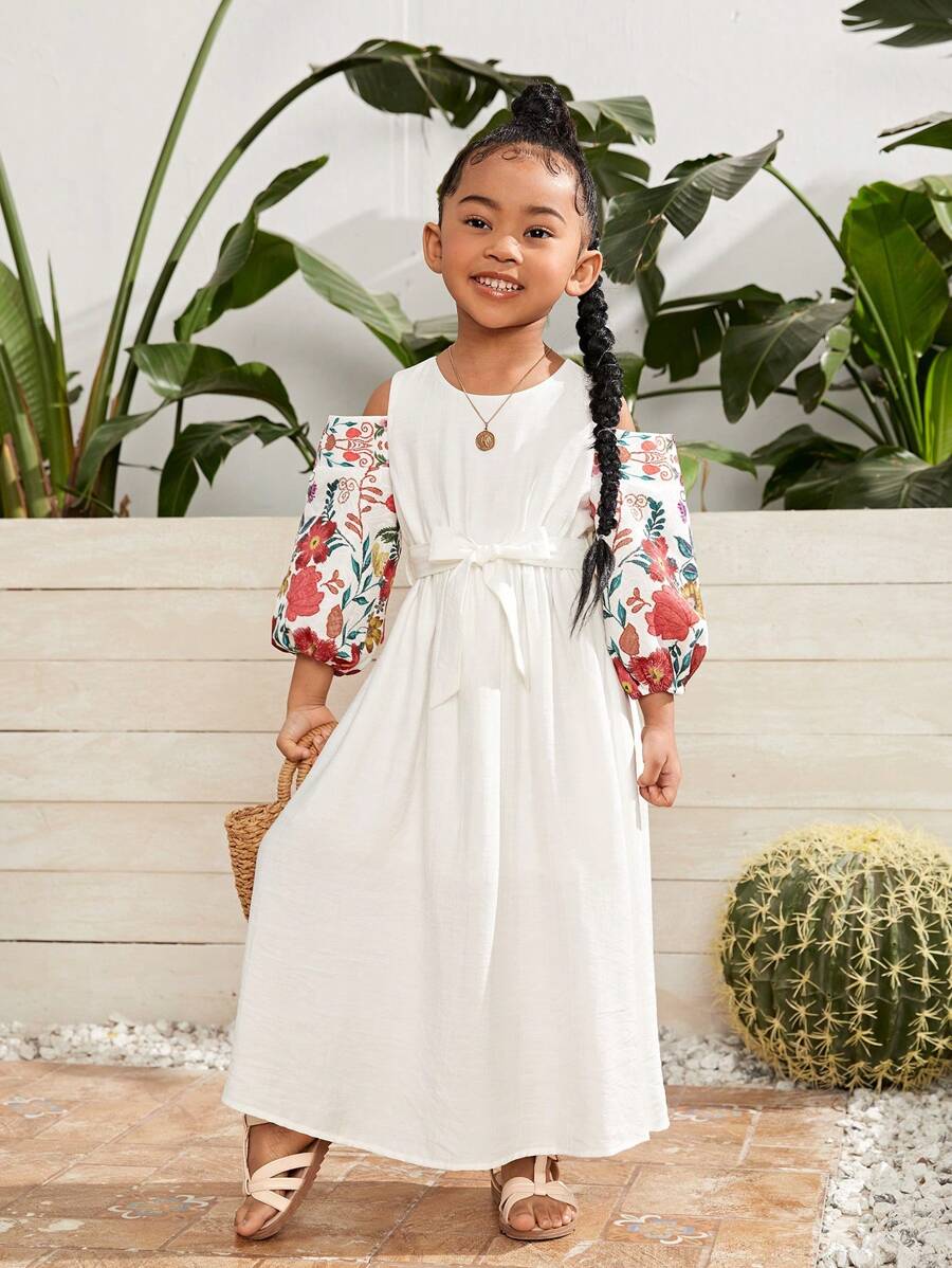 SHEIN 小女童印花挖肩繫腰帶連衣裙 - 白色 - 查看 1