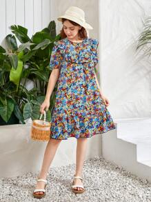 SHEIN 波西米亞小碎花女童連衣裙鈕扣 揉皺 荷葉邊 - 彩色 - 查看 3