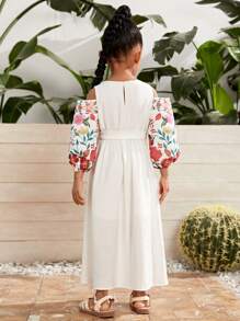 SHEIN 小女童印花挖肩繫腰帶連衣裙 - 白色 - 查看 2