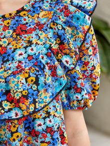 SHEIN 波西米亞小碎花女童連衣裙鈕扣 揉皺 荷葉邊 - 彩色 - 查看 4