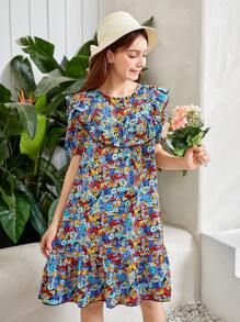 SHEIN 波西米亞小碎花女童連衣裙鈕扣 揉皺 荷葉邊 - 彩色 - 查看 5