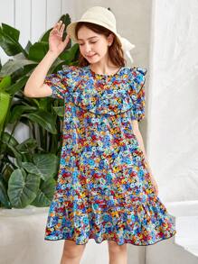 SHEIN 波西米亞小碎花女童連衣裙鈕扣 揉皺 荷葉邊 - 彩色 - 查看 6