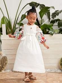 SHEIN 小女童印花挖肩繫腰帶連衣裙 - 白色 - 查看 5