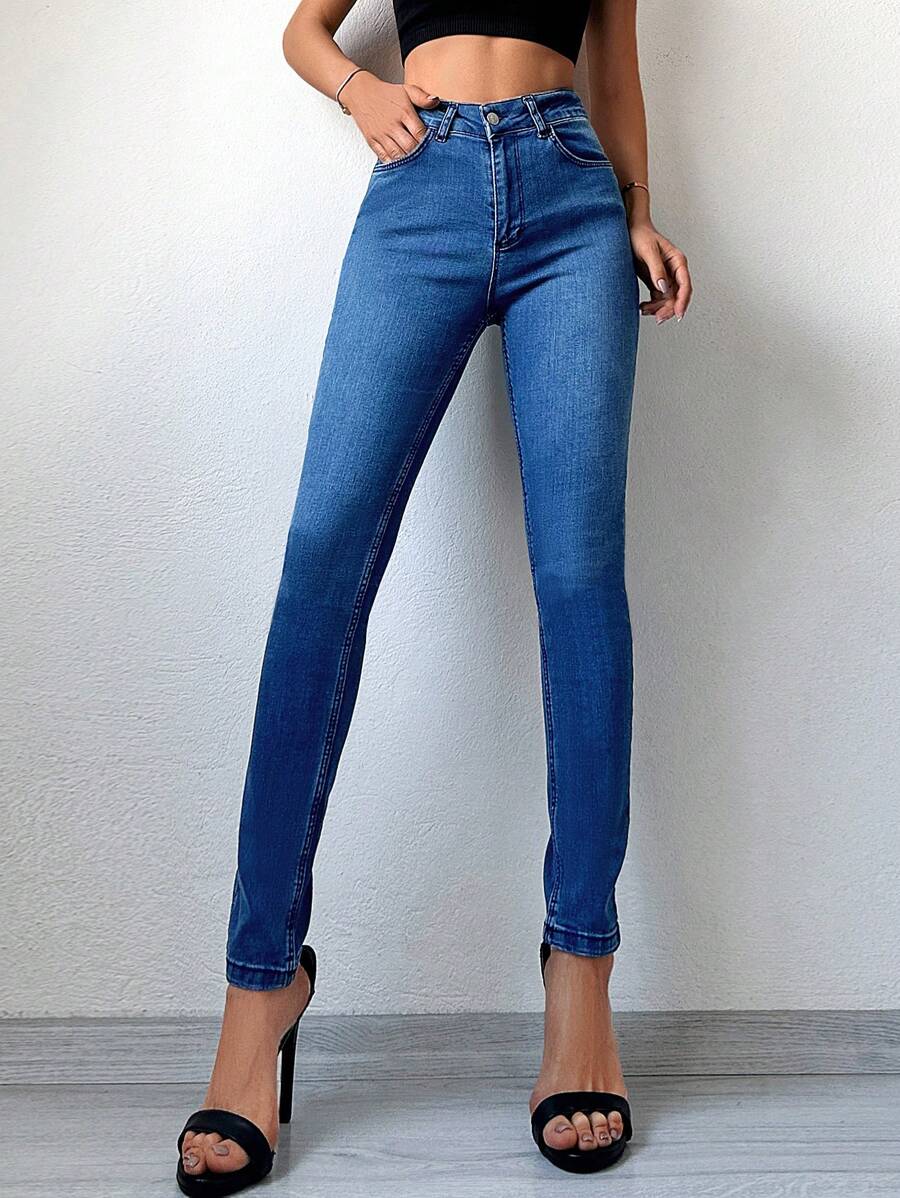 EURMUSE 高腰緊身牛仔褲 - 中等水洗藍 - 查看 1