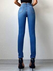 EURMUSE 高腰緊身牛仔褲 - 中等水洗藍 - 查看 2