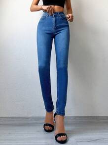 EURMUSE 高腰緊身牛仔褲 - 中等水洗藍 - 查看 4