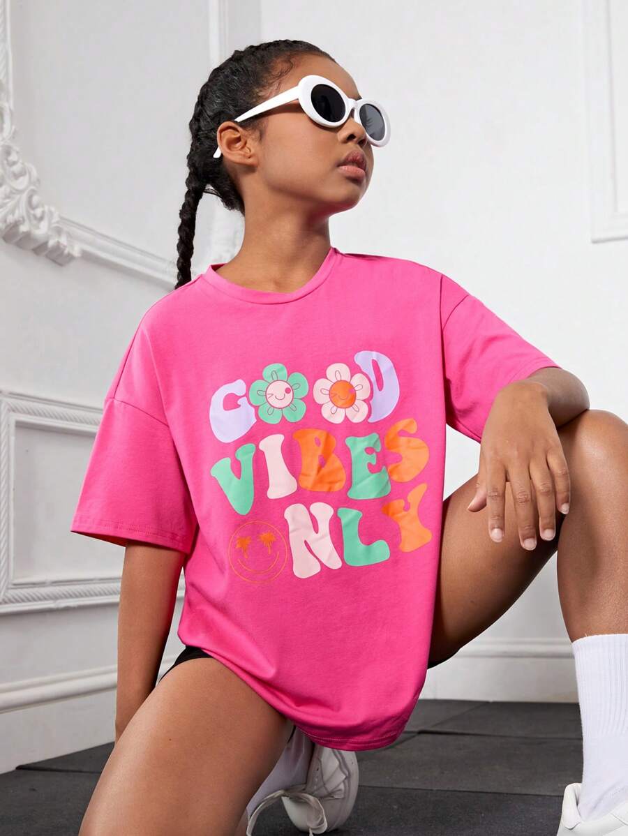 SHEIN Loose Fit Round Neck Tween Girls' Flower & Slogan Printed Drop Shoulder T-Shirt - Hot Pink - View 1