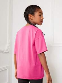 SHEIN Loose Fit Round Neck Tween Girls' Flower & Slogan Printed Drop Shoulder T-Shirt - Hot Pink - View 2