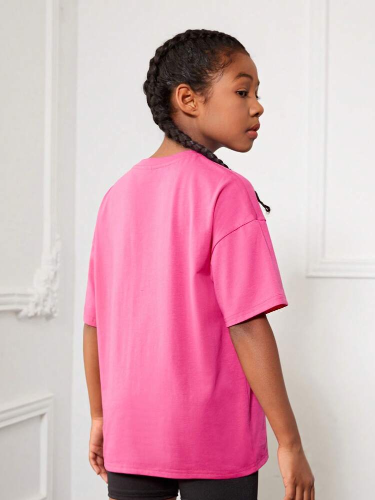 Loose Fit Round Neck Tween Girls' Flower & Slogan Printed Drop Shoulder T-Shirt