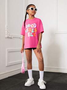 SHEIN Loose Fit Round Neck Tween Girls' Flower & Slogan Printed Drop Shoulder T-Shirt - Hot Pink - View 3