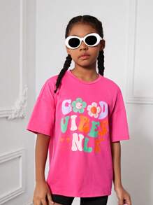 SHEIN Loose Fit Round Neck Tween Girls' Flower & Slogan Printed Drop Shoulder T-Shirt - Hot Pink - View 4