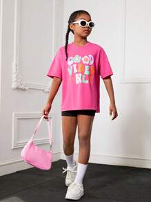 SHEIN Loose Fit Round Neck Tween Girls' Flower & Slogan Printed Drop Shoulder T-Shirt - Hot Pink - View 6