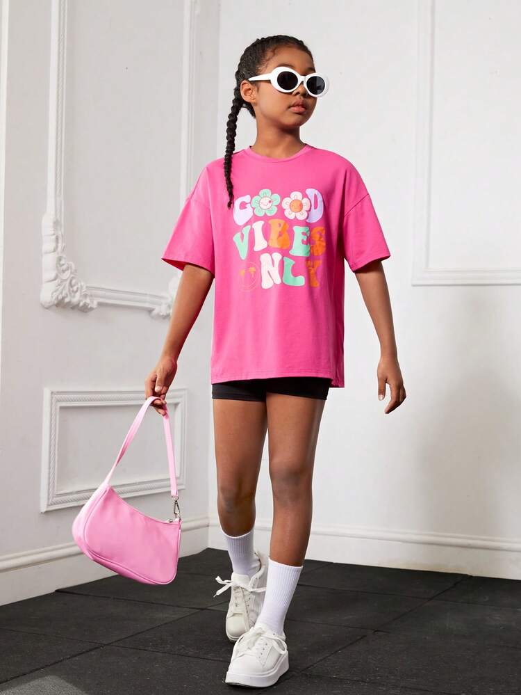 Loose Fit Round Neck Tween Girls' Flower & Slogan Printed Drop Shoulder T-Shirt