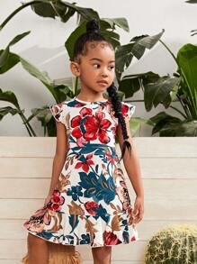SHEIN SLAYR KIDS SLAYR KIDS Young Girl Knitted Elegant Floral Print Ruffle Trim Cap Sleeve Dress - Multicolor - View 2