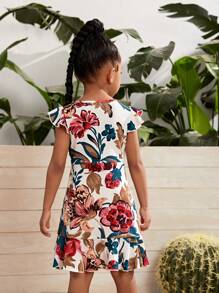SHEIN SLAYR KIDS SLAYR KIDS Young Girl Knitted Elegant Floral Print Ruffle Trim Cap Sleeve Dress - Multicolor - View 3