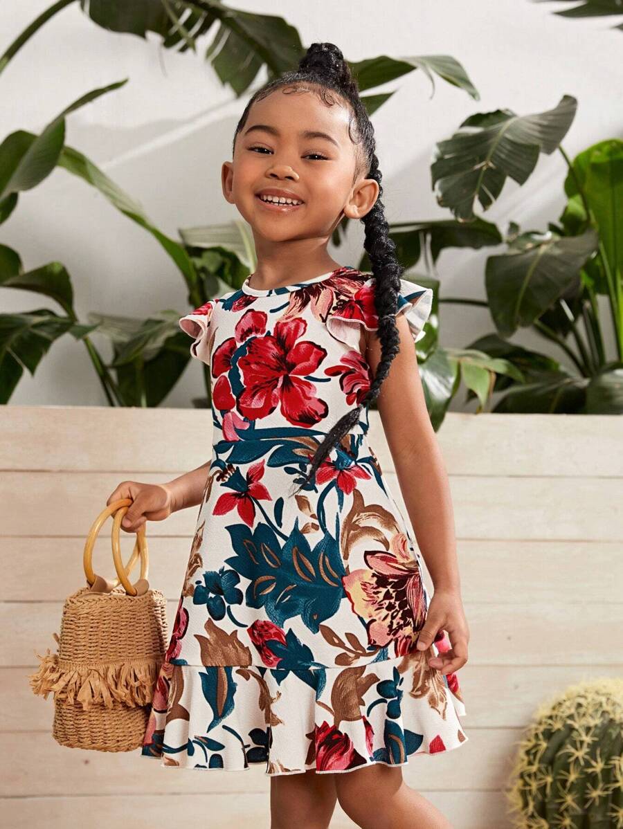 SHEIN SLAYR KIDS SLAYR KIDS Young Girl Knitted Elegant Floral Print Ruffle Trim Cap Sleeve Dress - Multicolor - View 1