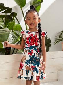 SHEIN SLAYR KIDS SLAYR KIDS Young Girl Knitted Elegant Floral Print Ruffle Trim Cap Sleeve Dress - Multicolor - View 4