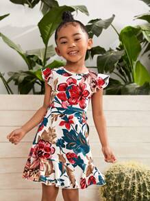 SHEIN SLAYR KIDS SLAYR KIDS Young Girl Knitted Elegant Floral Print Ruffle Trim Cap Sleeve Dress - Multicolor - View 5