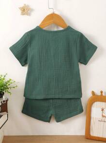 SHEIN Đứa bé trai Nút đơn Áo & quần short - Màu xanh lá cây đậm - Xem 2