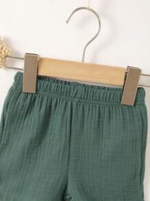 SHEIN Đứa bé trai Nút đơn Áo & quần short - Màu xanh lá cây đậm - Xem 4