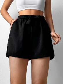 EURMUSE Solid Elastic Waist Shorts - Black - View 1