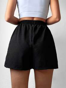 EURMUSE Solid Elastic Waist Shorts - Black - View 2