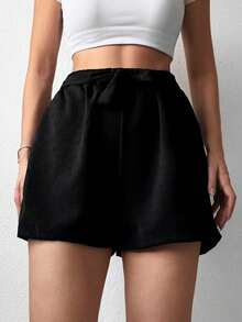 EURMUSE Solid Elastic Waist Shorts - Black - View 3