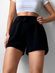 EURMUSE Solid Elastic Waist Shorts - Black - View 4