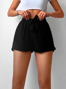 Solid Elastic Waist Shorts - Black - View 1