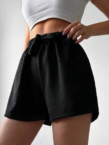 EURMUSE Solid Elastic Waist Shorts - Black - View 5