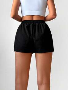 Solid Elastic Waist Shorts - Black - View 2