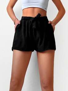 Solid Elastic Waist Shorts - Black - View 3