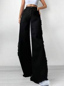 RueChic Solid Split Thigh Jeans - Black - View 3